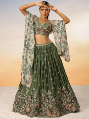 Olive Green Embroidered Chiffon Mehendi Lehenga Choli – Festive & Wedding Wear