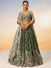 Olive Green Embroidered Chiffon Mehendi Lehenga Choli – Festive & Wedding Wear
