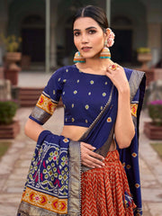 Orange Patola Printed Silk Lehenga – Blue Choli & Dupatta