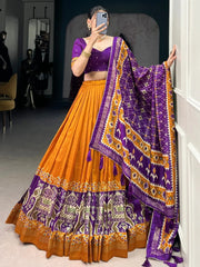 Orange Patola Tussar Silk Lehenga – Purple Blouse & Dupatta