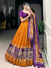 Orange Patola Tussar Silk Lehenga – Purple Blouse & Dupatta