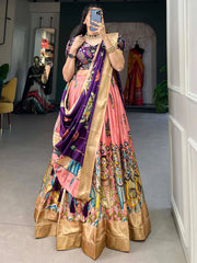 Peach & Purple Dola Silk Lehenga Choli – Kalamkari Print & Zari Work