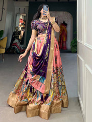 Peach & Purple Dola Silk Lehenga Choli – Kalamkari Print & Zari Work