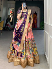 Peach & Purple Dola Silk Lehenga Choli – Kalamkari Print & Zari Work