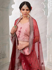 Pink Art Silk Shibori Effect Lehenga with Mirror Work & Maroon Net Dupatta