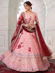 Pink Art Silk Shibori Effect Lehenga with Mirror Work & Maroon Net Dupatta