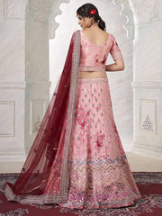 Pink Art Silk Shibori Effect Lehenga with Mirror Work & Maroon Net Dupatta
