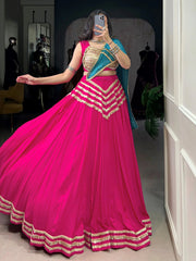 Pink Cotton Lehenga Choli – Sequins & Seashell Work with Blue Dupatta