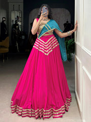 Pink Cotton Lehenga Choli – Sequins & Seashell Work with Blue Dupatta