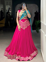 Pink Cotton Lehenga Choli – Sequins & Seashell Work with Blue Dupatta