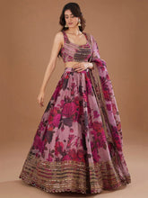 Pink Organza Party Wear Lehenga Choli – Floral Print with Sequins & Cutwork Dupatta