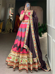 Pink Silk Lehenga Choli with Digital Print & Black Dupatta
