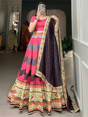 Pink Silk Lehenga Choli with Digital Print & Black Dupatta