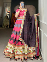 Pink Silk Lehenga Choli with Digital Print & Black Dupatta