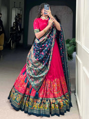 Pink Tussar Silk Lehenga Choli – Elephant & Peacock Digital Foil Print