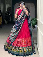 Pink Tussar Silk Lehenga Choli – Elephant & Peacock Digital Foil Print