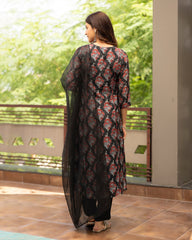 Black Floral Cotton Silk Suit Set