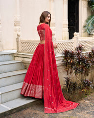 Red Pure Chanderi Lehenga Choli – semi Stitched Plain Ethnic Set for Festive Occasions