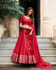 Red Pure Chanderi Lehenga Choli – semi Stitched Plain Ethnic Set for Festive Occasions