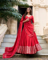 Red Pure Chanderi Lehenga Choli – semi Stitched Plain Ethnic Set for Festive Occasions
