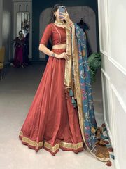 Red Chinon Silk Lacework Lehenga Choli with Dupatta