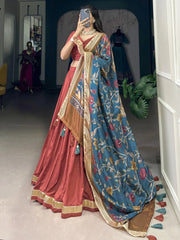 Red Chinon Silk Lacework Lehenga Choli with Dupatta