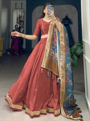 Red Chinon Silk Lacework Lehenga Choli with Dupatta