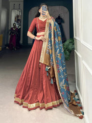 Red Chinon Silk Lacework Lehenga Choli with Dupatta