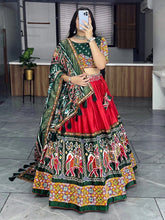 Red & Green Dola Silk Lehenga Choli – Patola & Paithani Prints with Mirror Work