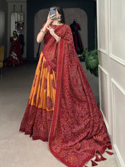 Red & Mustard Tussar Silk Lehenga – Festive & Wedding Wear