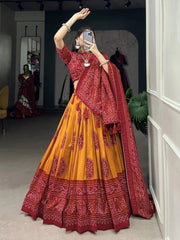 Red & Mustard Tussar Silk Lehenga – Festive & Wedding Wear