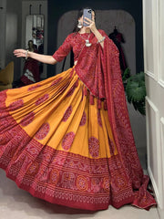 Red & Mustard Tussar Silk Lehenga – Festive & Wedding Wear