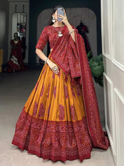 Red & Mustard Tussar Silk Lehenga – Festive & Wedding Wear