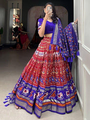Red Patola Printed Tussar Silk Lehenga Choli with Blue Dupatta