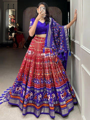 Red Patola Printed Tussar Silk Lehenga Choli with Blue Dupatta