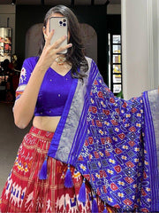 Red Patola Printed Tussar Silk Lehenga Choli with Blue Dupatta