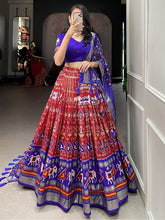 Red Patola Printed Tussar Silk Lehenga Choli with Blue Dupatta