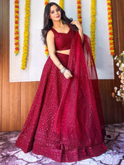 Regal Maroon Georgette Lehenga Choli with Thread Embroidery & Sequins
