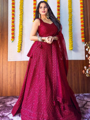 Regal Maroon Georgette Lehenga Choli with Thread Embroidery & Sequins