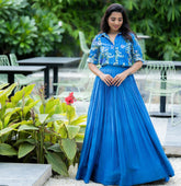 Royal Blue Floral Shirt & Solid Pleated Skirt Lehenga Set