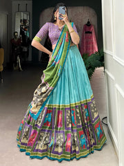 Sky-Blue Kalamkari Printed Tussar Silk Lehenga Choli with Gota Patti Work