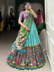 Sky-Blue Kalamkari Printed Tussar Silk Lehenga Choli with Gota Patti Work