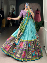 Sky-Blue Kalamkari Printed Tussar Silk Lehenga Choli with Gota Patti Work