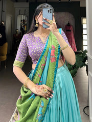 Sky-Blue Kalamkari Printed Tussar Silk Lehenga Choli with Gota Patti Work