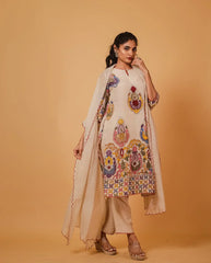 Vibrant Kalamkari Floral Cotton Kurta Set Beige with Multicolor Design & Coordinated Dupatta