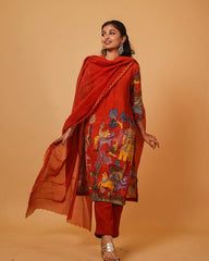 thnic Red Kurta Set with Vibrant Forest Folk Art Print