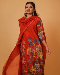 thnic Red Kurta Set with Vibrant Forest Folk Art Print
