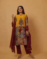 Mustard Yellow & Maroon Kalamkari Print Chinon Kurta Set