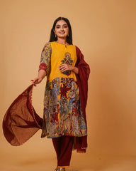 Mustard Yellow & Maroon Kalamkari Print Chinon Kurta Set