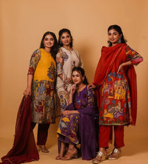 Mustard Yellow & Maroon Kalamkari Print Chinon Kurta Set